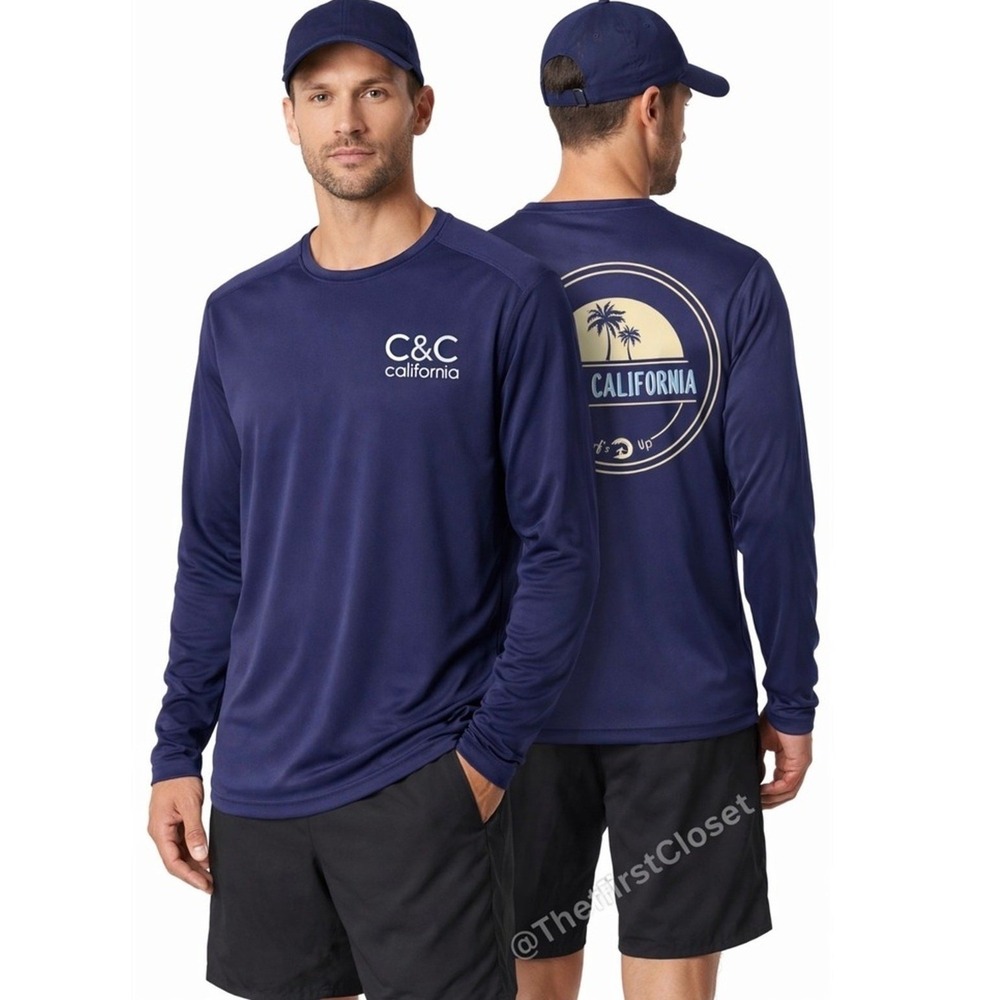 C&C California Shirt Mens XL Long Sleeve Surf Up T Shirt Navy Blue Palm Tree